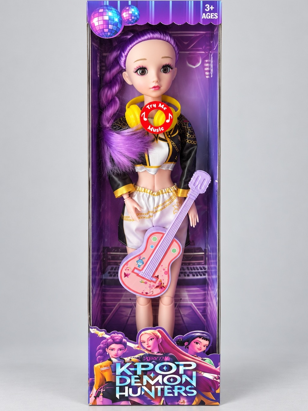 Purple-Haired Music Doll with Pink Guitar and Yellow Headphones